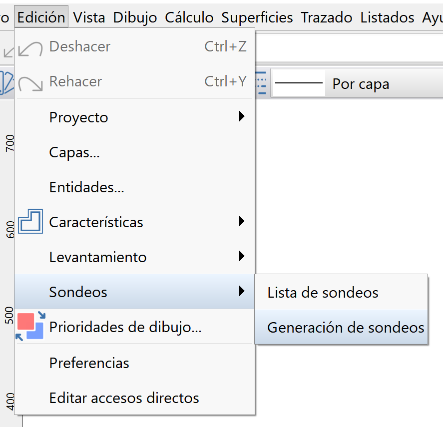 Modelo geotécnico - Generación de sondeos virtuales, menú