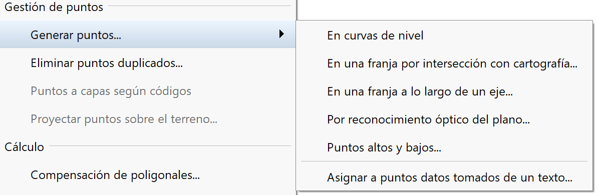 Levantamiento - Generar puntos, menú