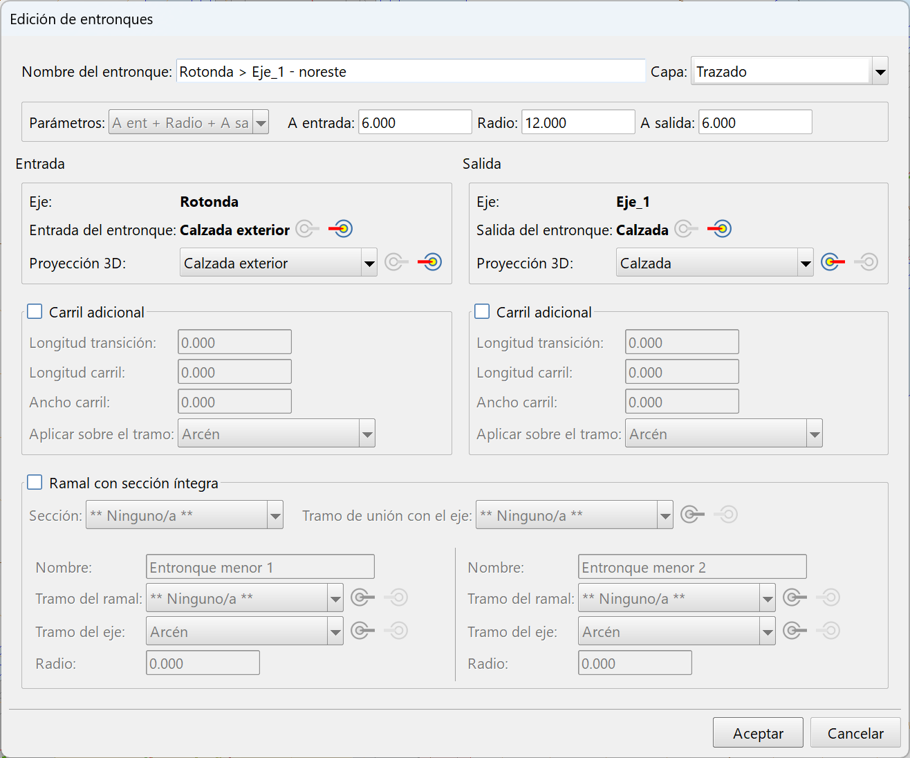 Trazado - Modificar alineaciones - Entronques, dialog