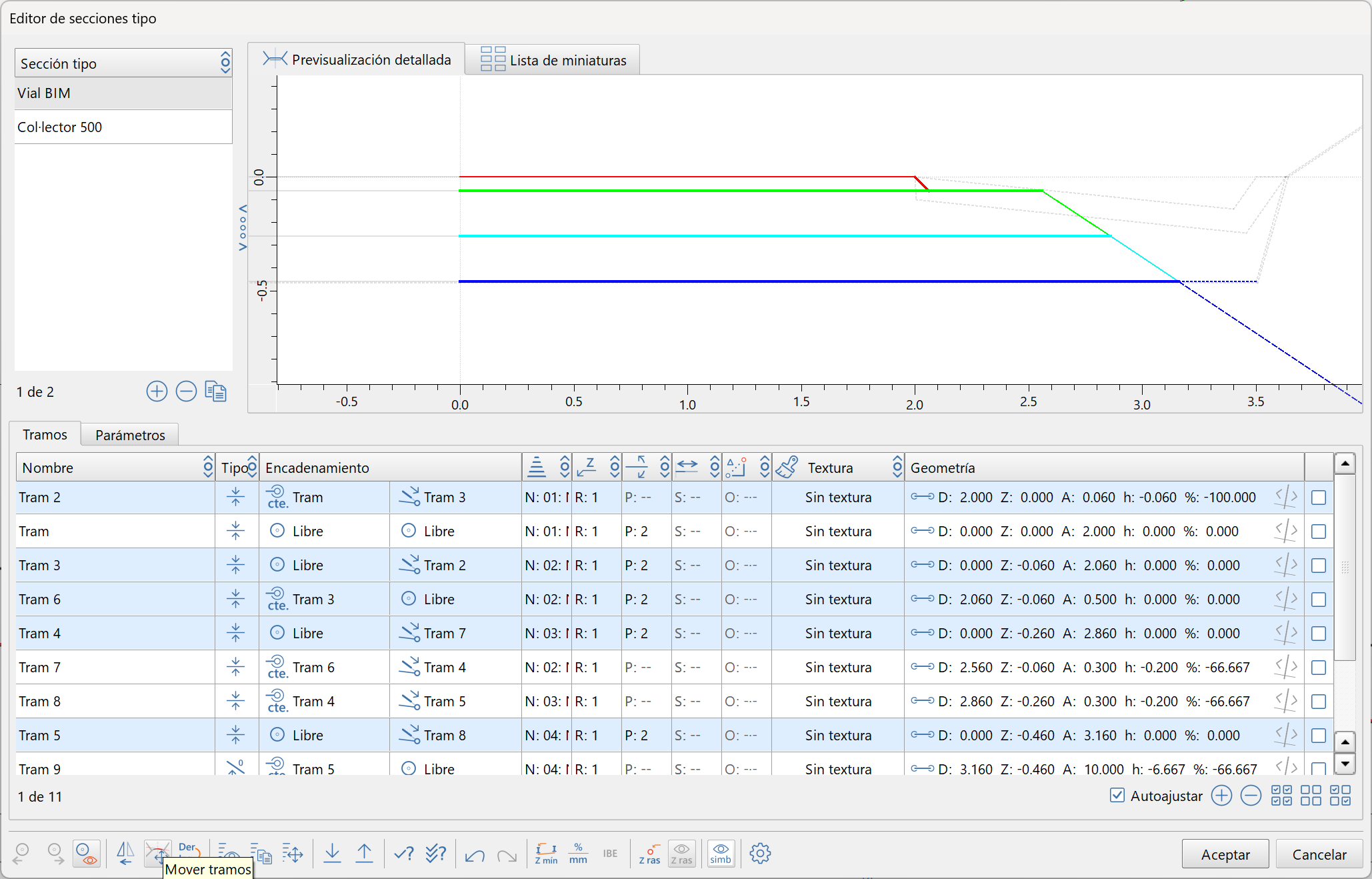 Trazado - Editor secciones - Mover niveles, selección múltiples tramos