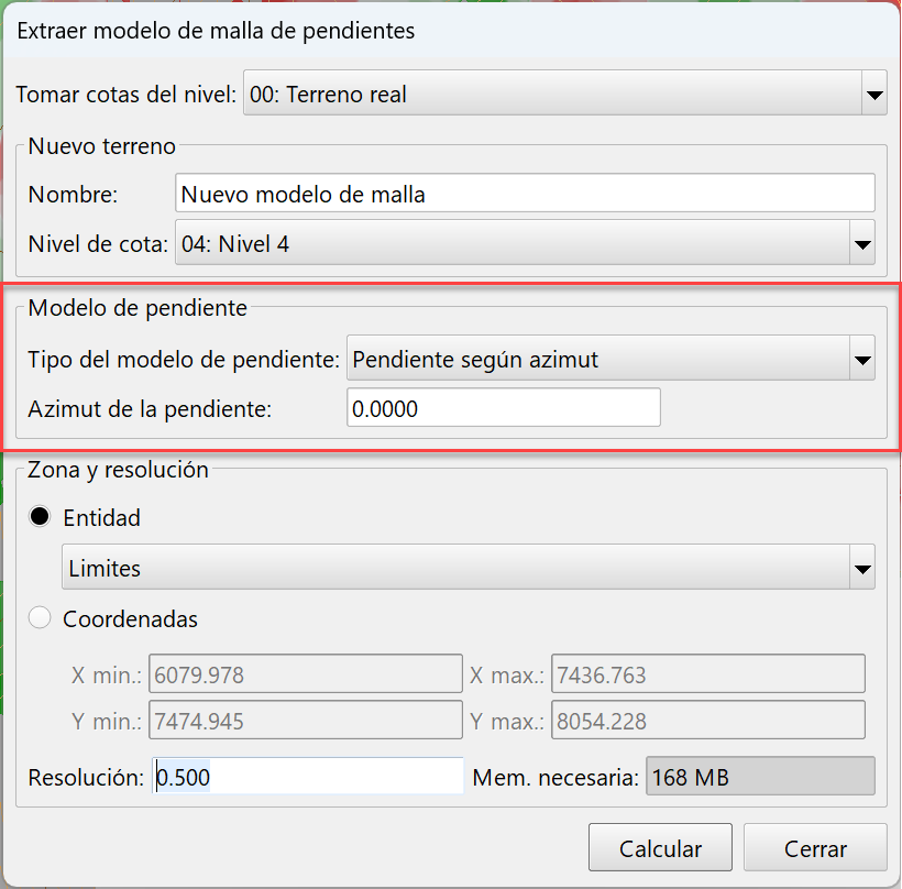 Hidraúlica - Modelo de pendientes direccional, dialog