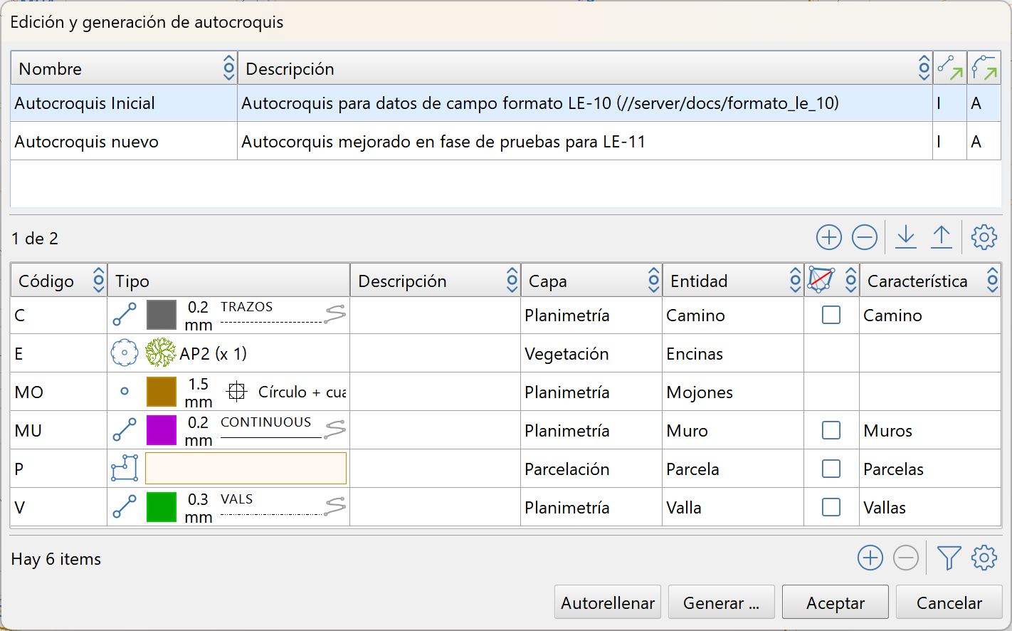 Edición - Levantamiento - Autocroquis, modificar, dialog completa