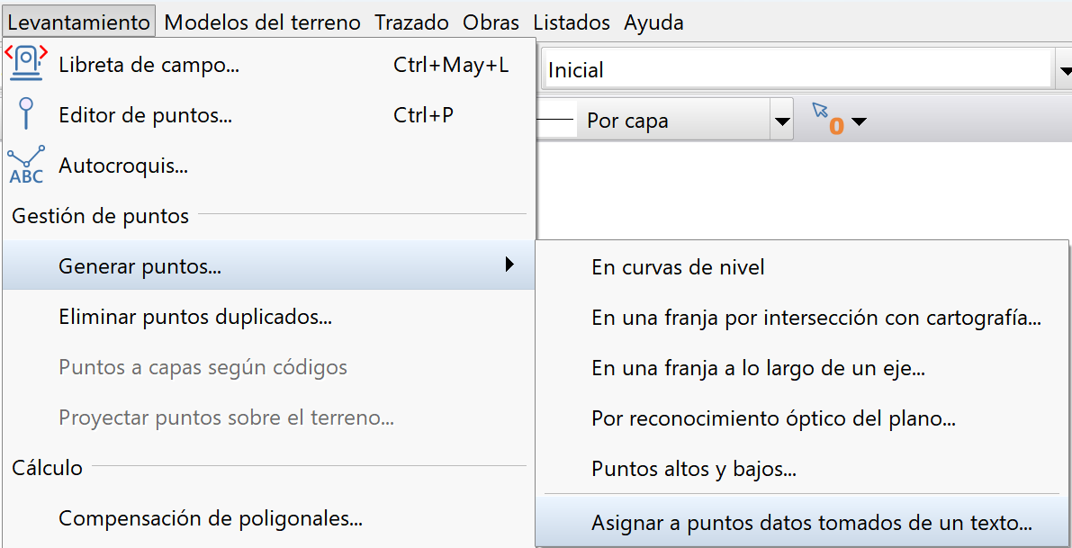 Edición - Levantamiento - Puntos - Asignar datos, menú