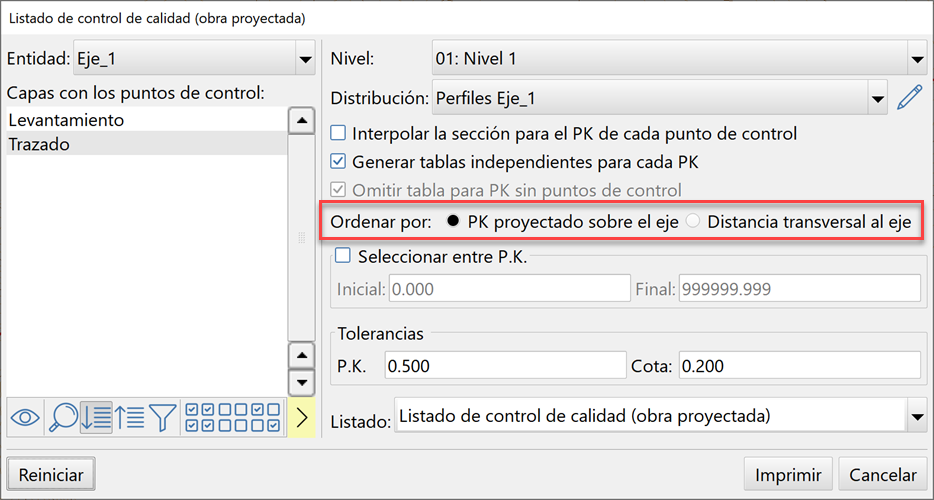 Listado de control de calidad, Ordenación, dialog