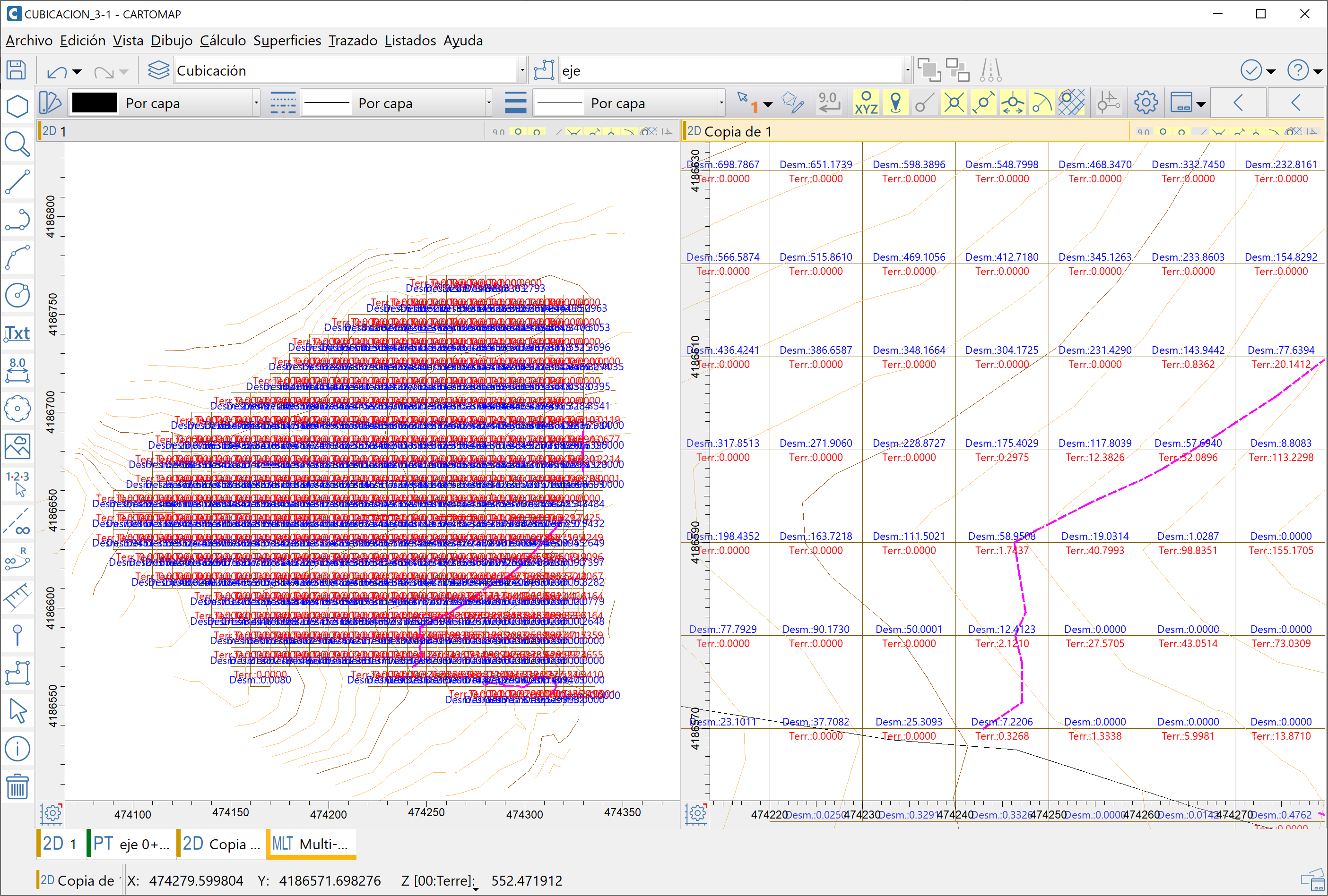 Vista 2D - Cubicación por malla, resultado en vista múltiple