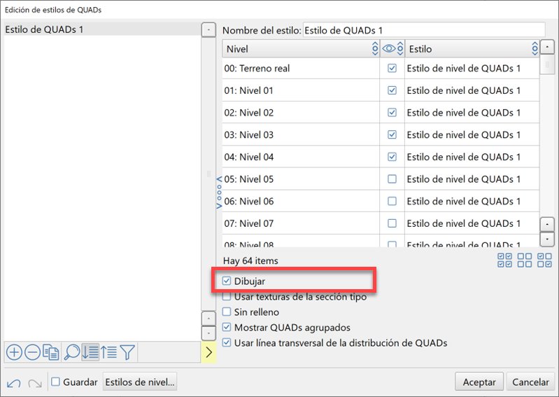 Vista 2D - Presentación de QUADs - Editor de estilos de QUADs, opción dibujar