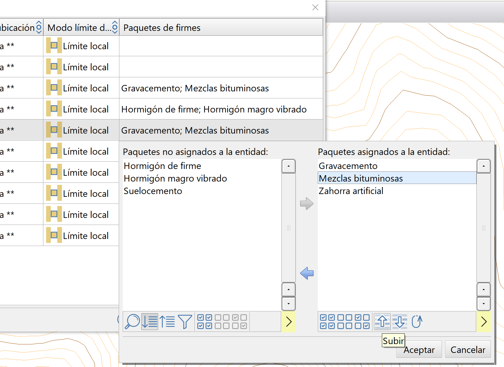 Edición de paquetes de firme asociados a una entidad