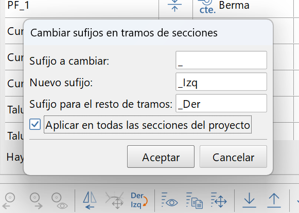 Secciones tipo - Editor, cambiar sufijos de los tramos, dialog