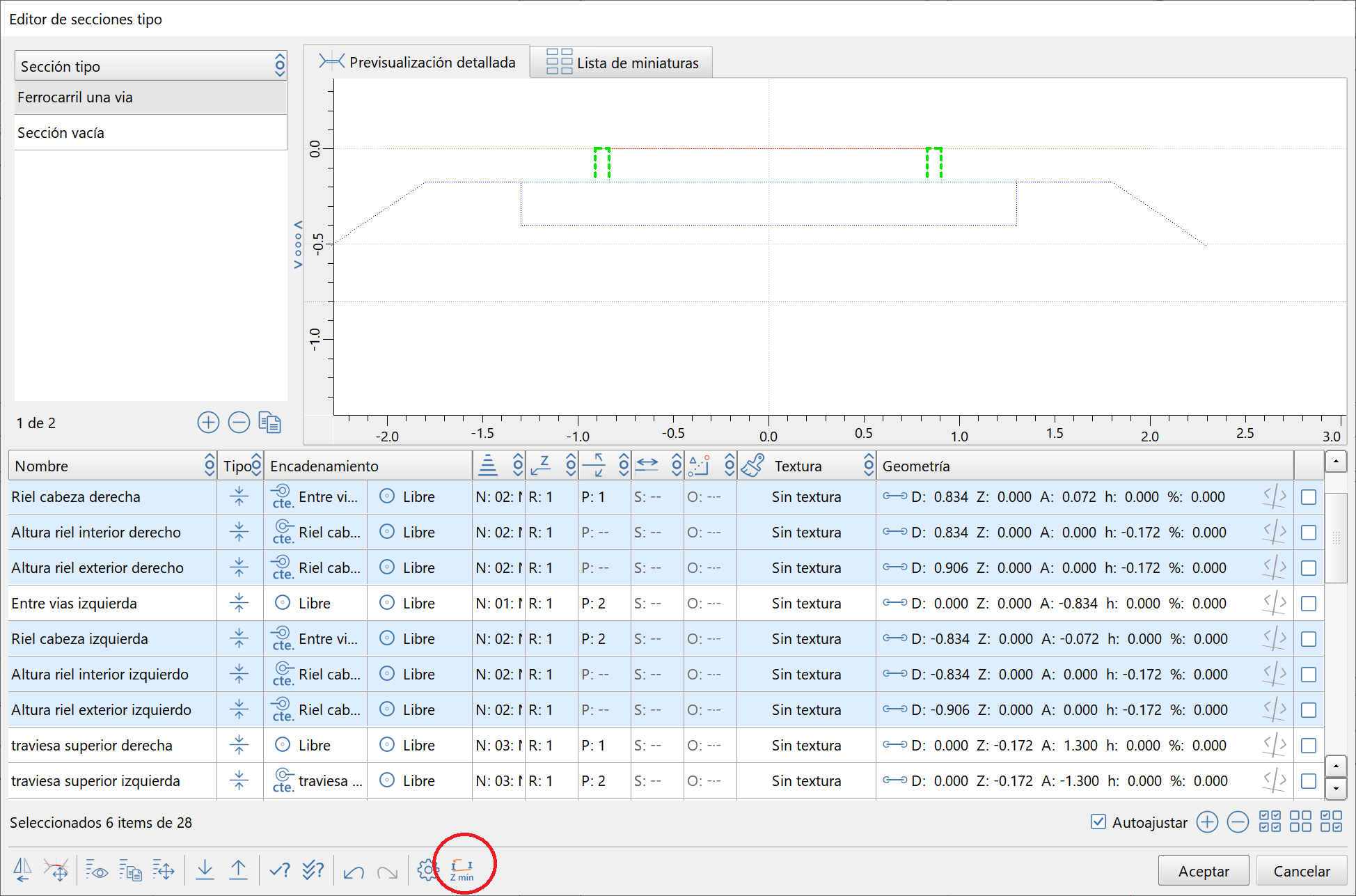 Trazado - Editor secciones - Aplicar cota rasante rieles, botón realzado en dialog