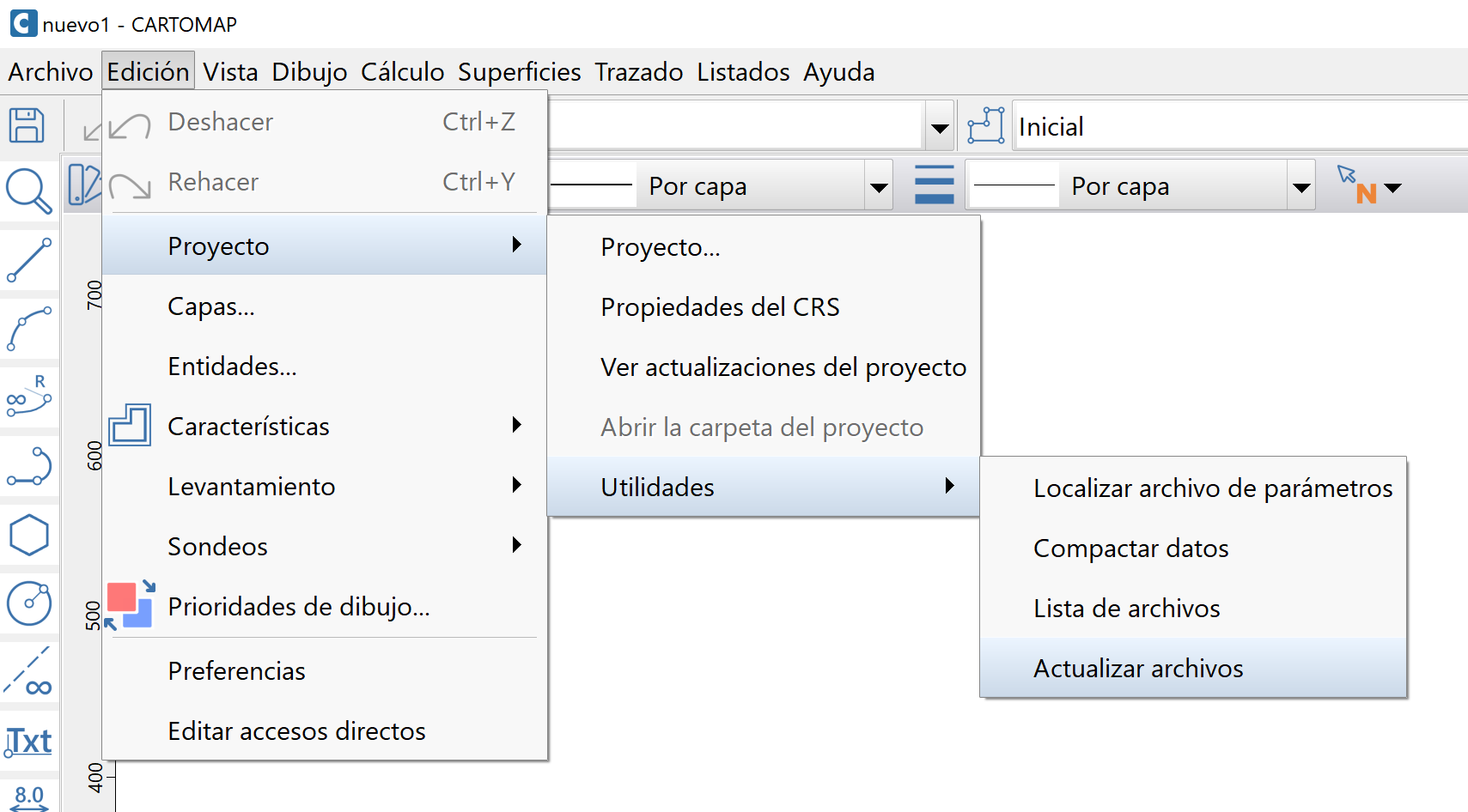 Edición - Proyecto - Actualizar datos, menú