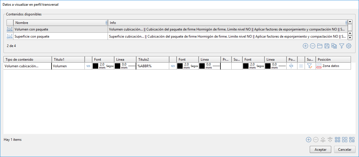 Vista - Perfiles transversales - Contenido, tabla con ABBR de paquetes de firme
