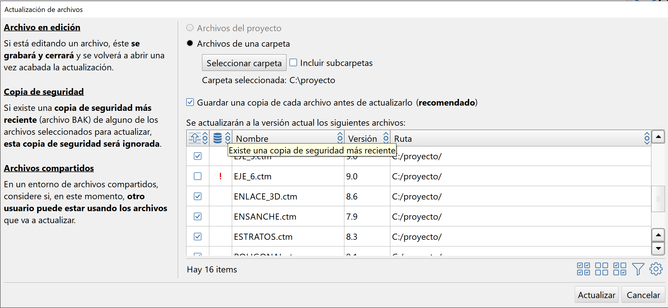 Edición - Proyecto - Actualizar datos, dialog con BAK