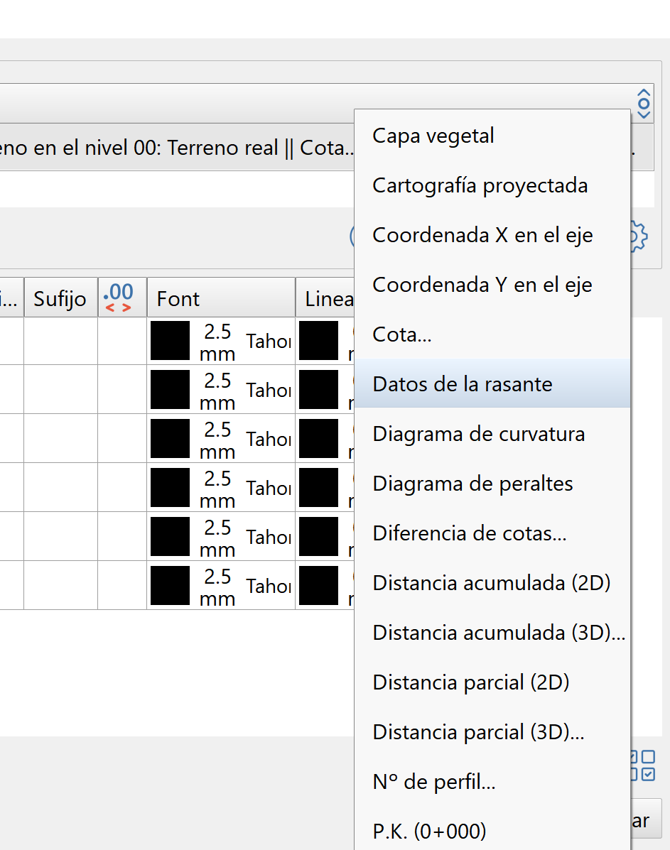 Vista - Perfil longitudinal - Contenido, menú con datos de la rasante