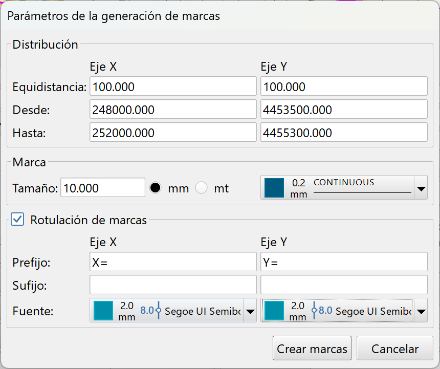 Vista 2D - Configuración, marcas de posicionamiento, parámetros