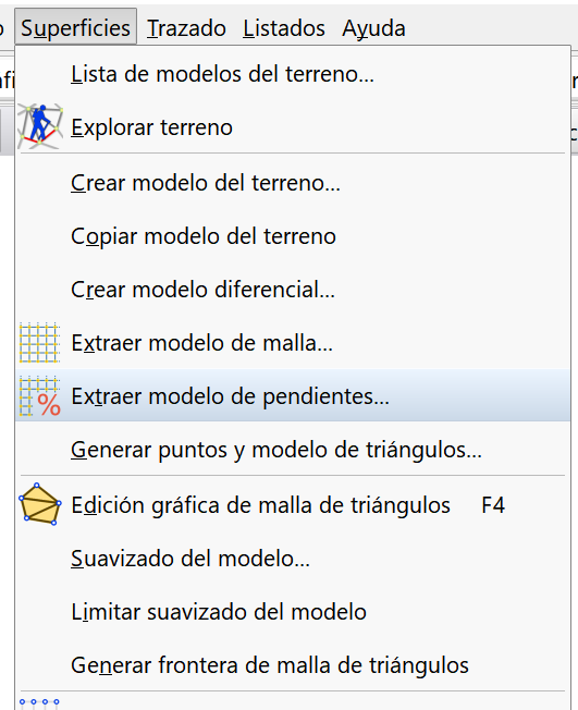 Superficies - Crear modelo pendientes - menú