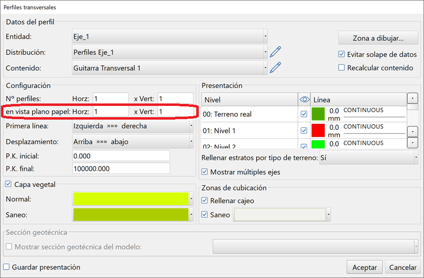 Perfiles transversales - Configuración de la vista - Disposición HV en hoja papel