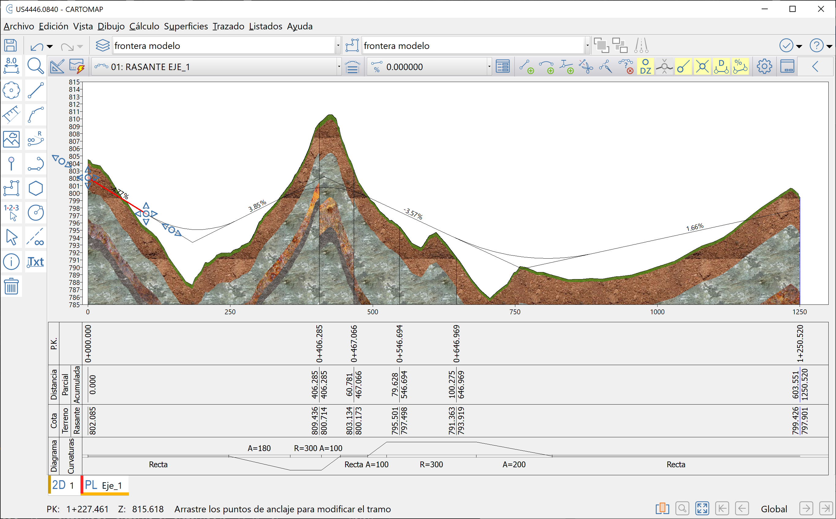 Perfiles - Edición de contenido longitudinal - Intersección con modelo geotécnico, resultado