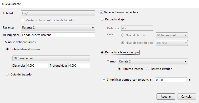 Trazado - Editor rasantes - Nueva rasante por tramo sección