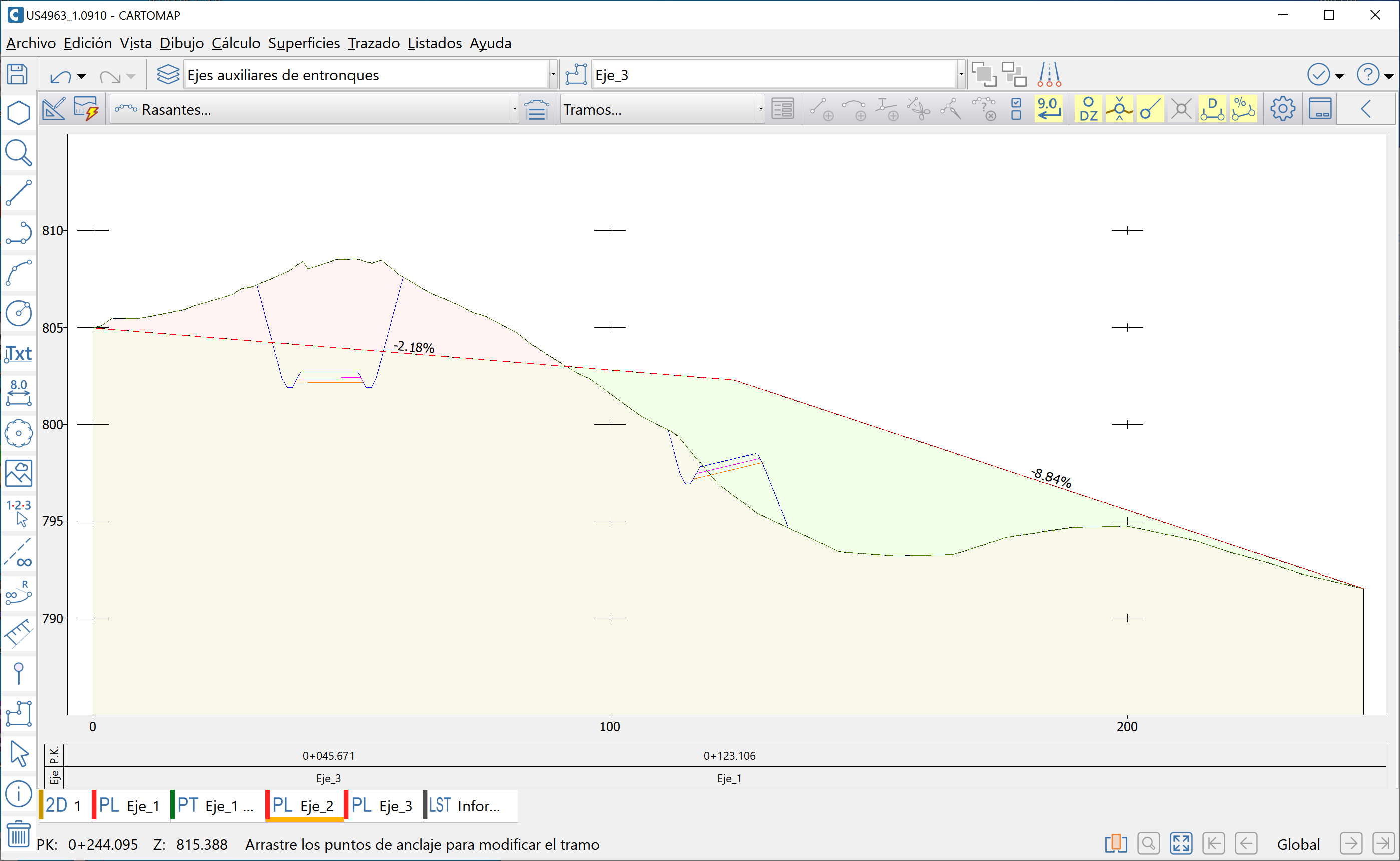 Vista - Perfil longitudinal - Mostrar secciones de otros ejes, resultado 2 ejes