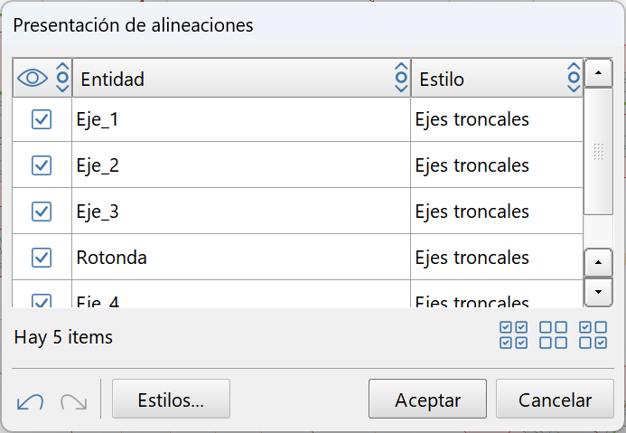 Vista 2D - Alineaciones - Selección de ejes y estilos