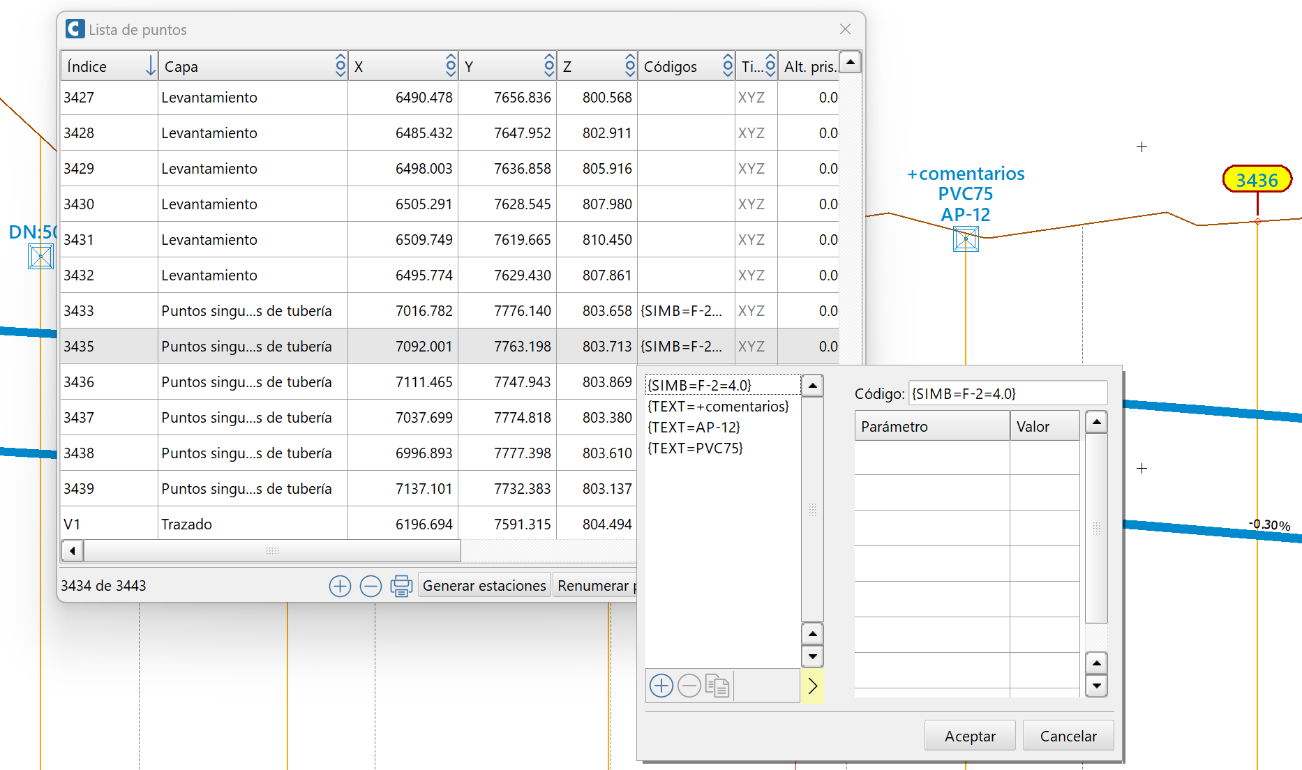 Perfiles - Símbolos y textos, editor de puntos y códigos