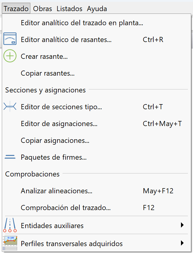 Trazado, menú