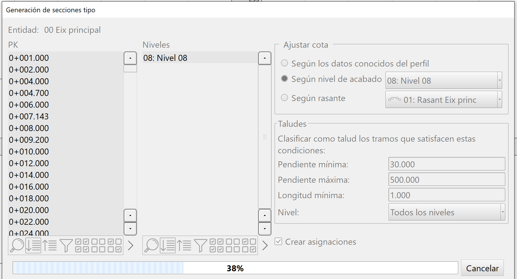 Trazado - Adquisición de perfiles transversales - Generación de secciones, dialog 2020.12