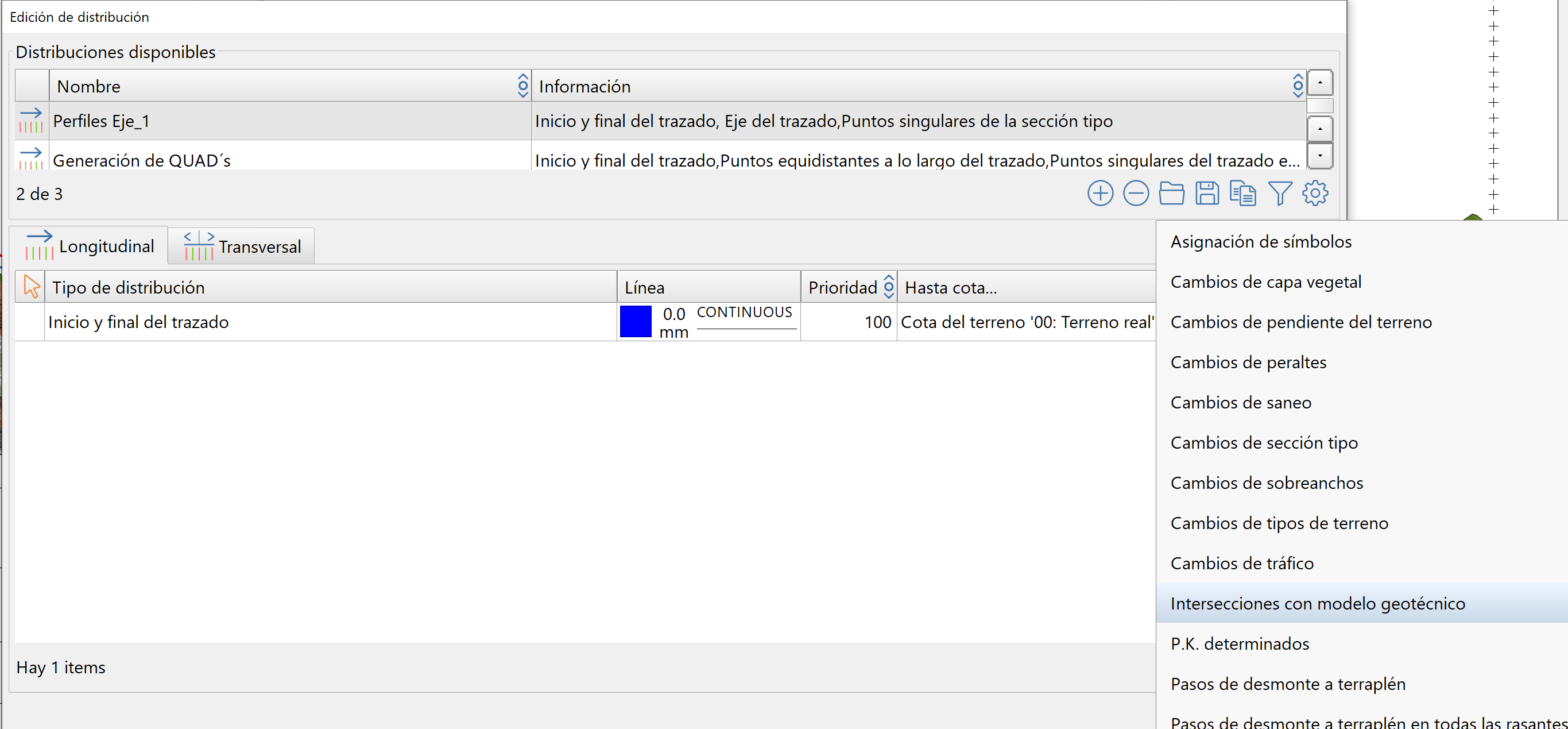 Perfiles - Edición de contenido longitudinal - Intersección con modelo geotécnico, menú