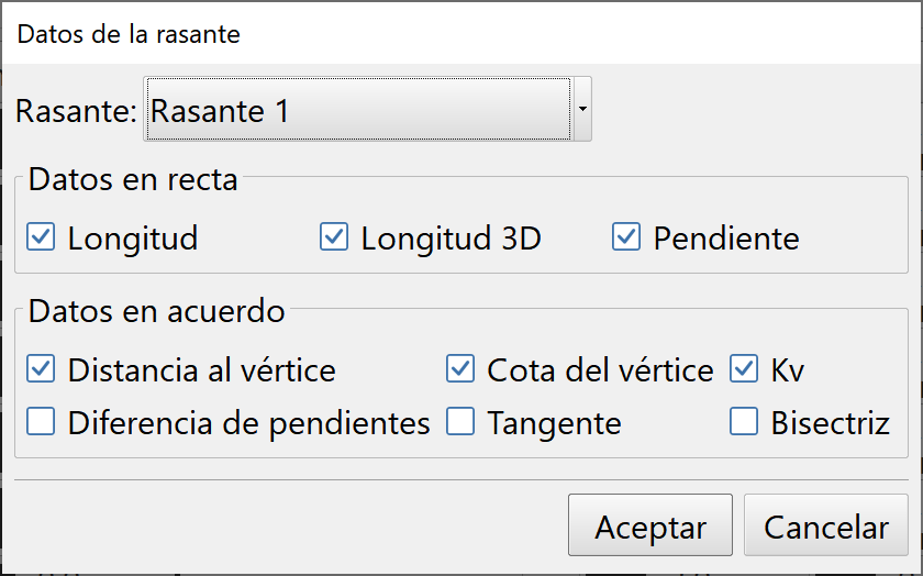 Vista - Perfil longitudinal - Contenido de datos de la rasante, dialog