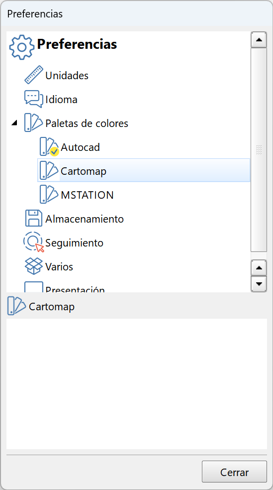 Edición - Preferencias, dialog - paleta de colores, parámetros