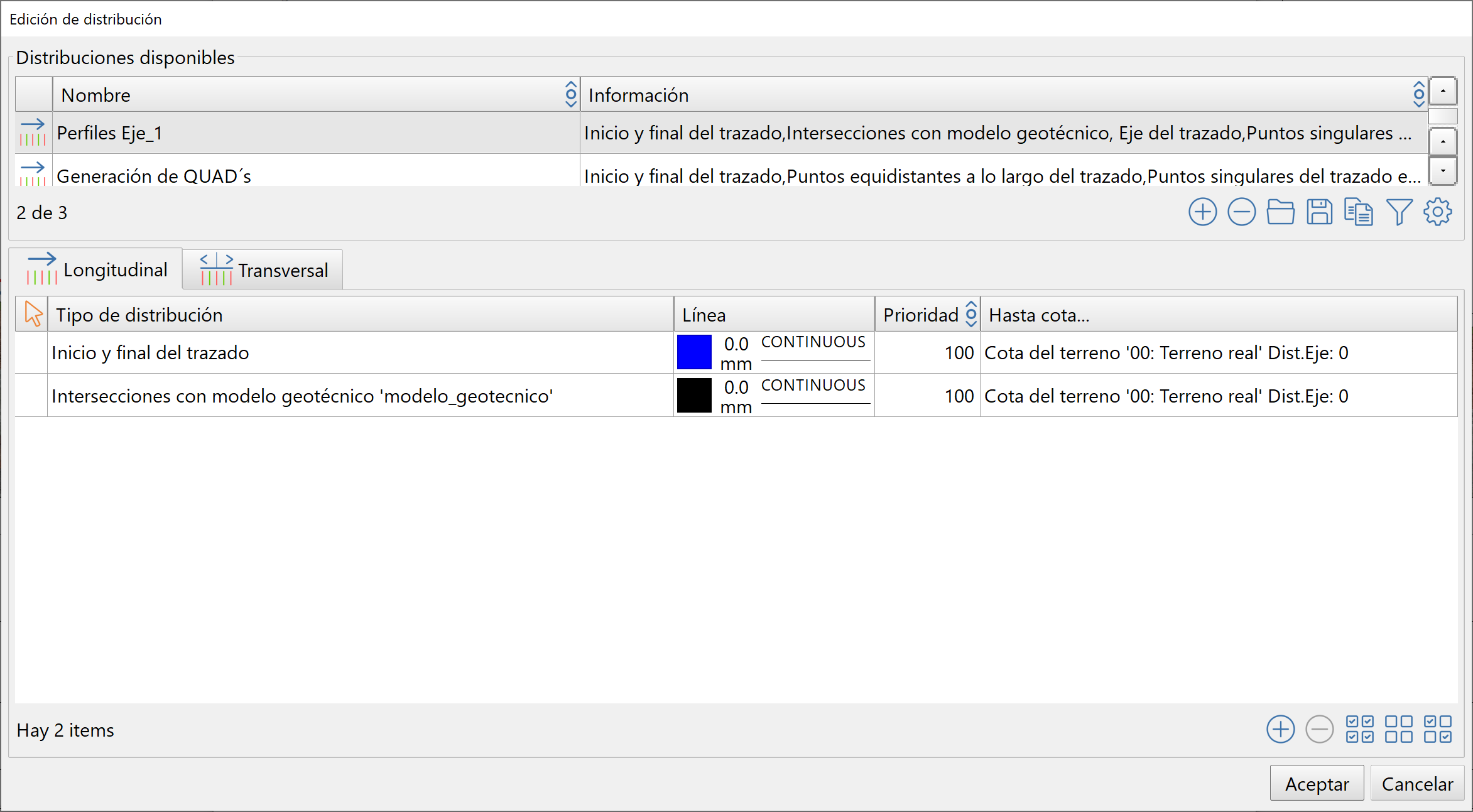 Perfiles - Edición de contenido longitudinal - Intersección con modelo geotécnico, tabla