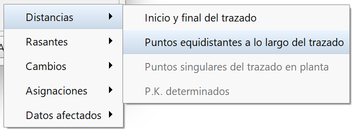Perfil longitrudinal - Editor de distribuciones, menú de tipos de distancias