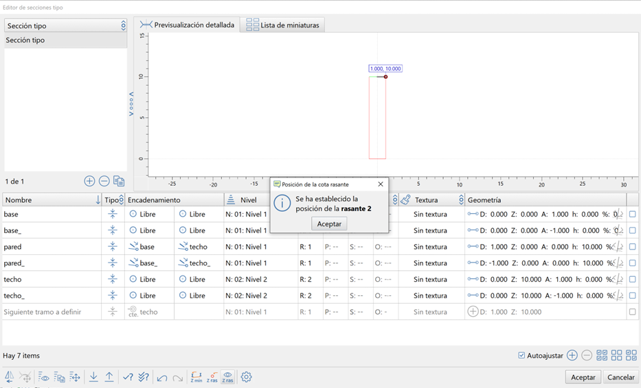 Trazado - Editor secciones - Cota rasante, posición establecida