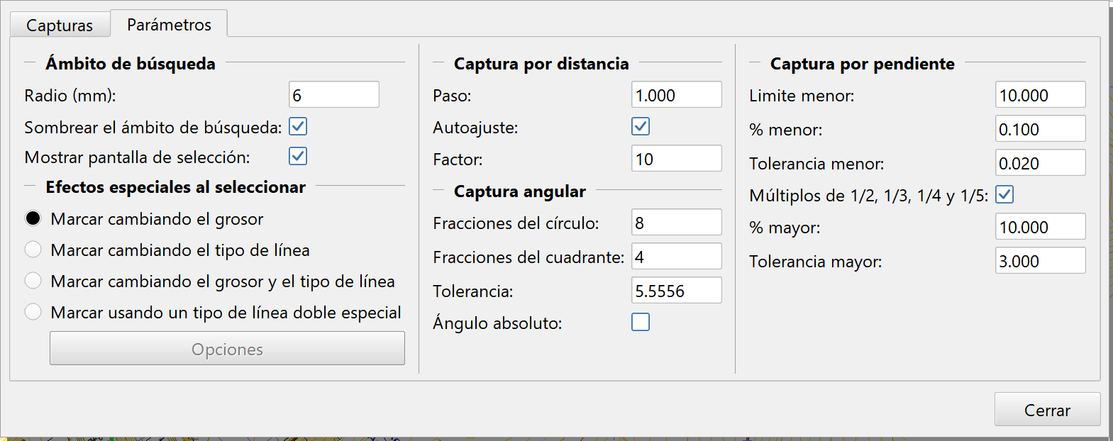 Vista 2D - Zona superior - Herramientas de captura gráfica, dialog - parámetros
