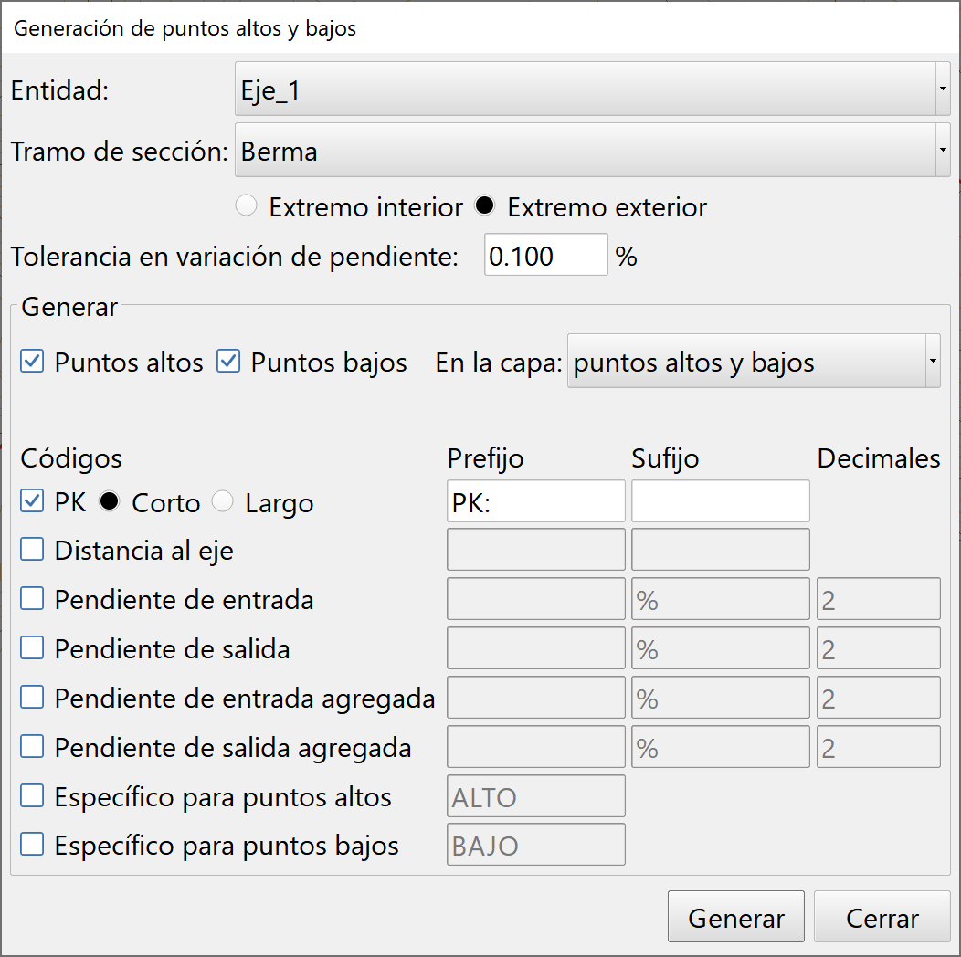 Levantamiento - Puntos - Generar puntos - Puntos altos y bajos, diálogo