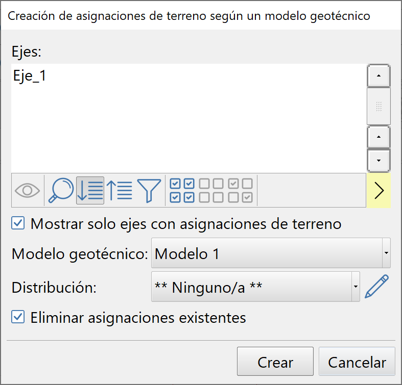 Trazado - Edición unificada de asignaciones - Asignación de tipos de terreno, según modelo geotécnico, mostrar filtrado
