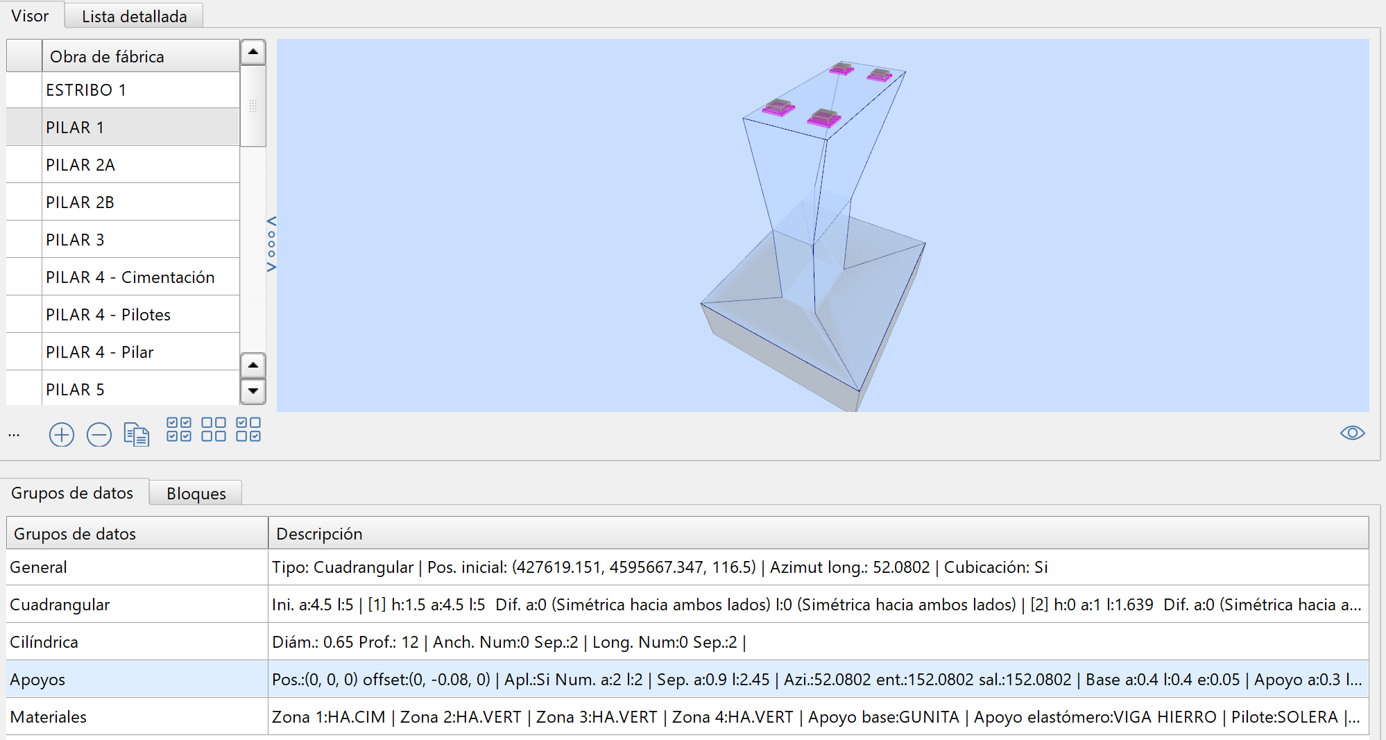 Obras de fábrica - Datos generales - Apoyos, en OF cuadrangulares, dialog con preview
