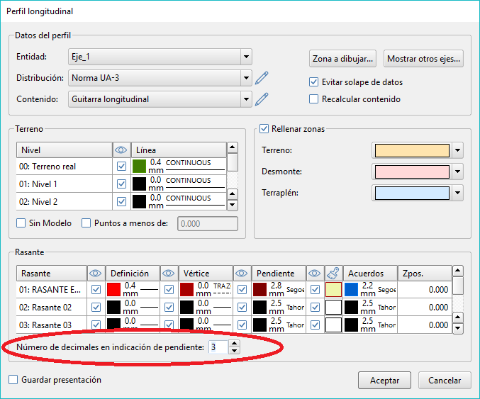 Vista - Perfil longitudinal - Decimales en pendiente