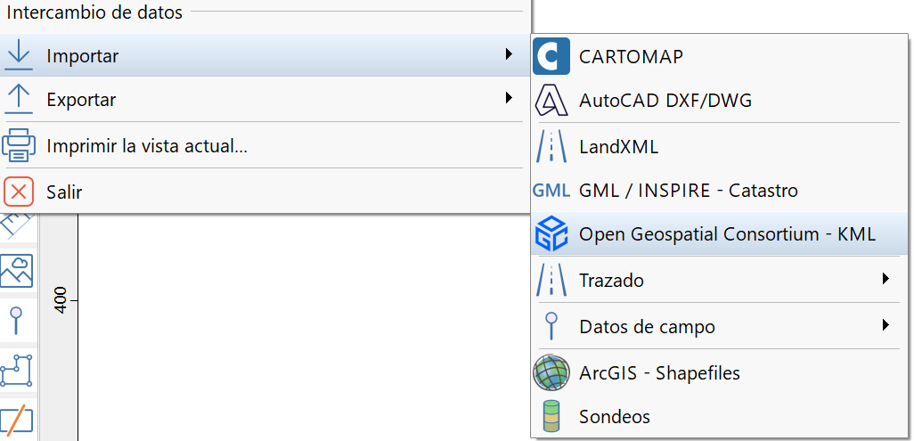 Archivo - Importar - KML, menu