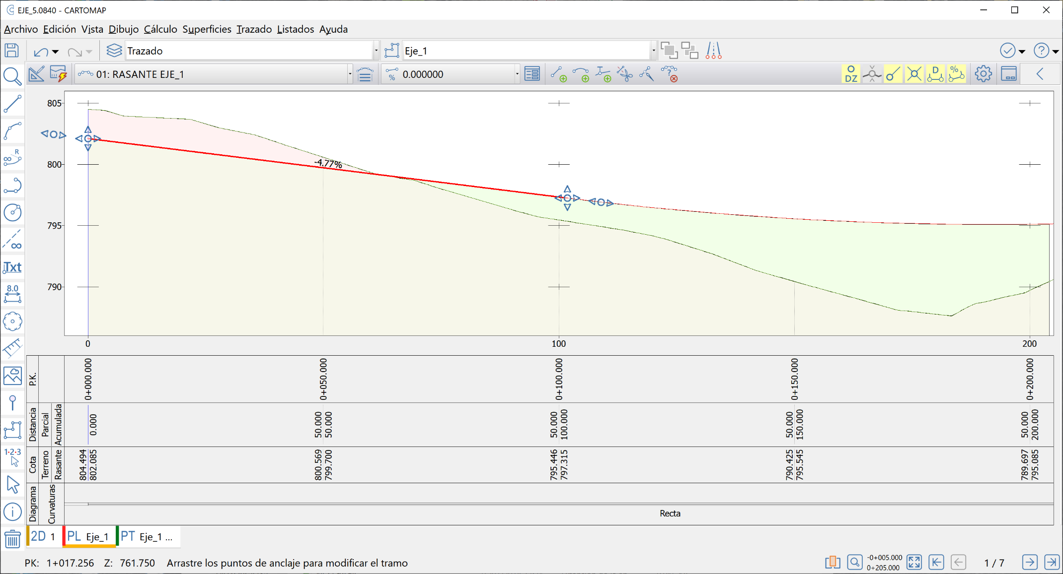 Vista - Perfil longitudinal - Subplano con desplazamiento inicial