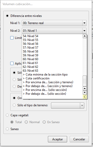 Vista - Perfiles transversales - Contenido, volumen de cubicación