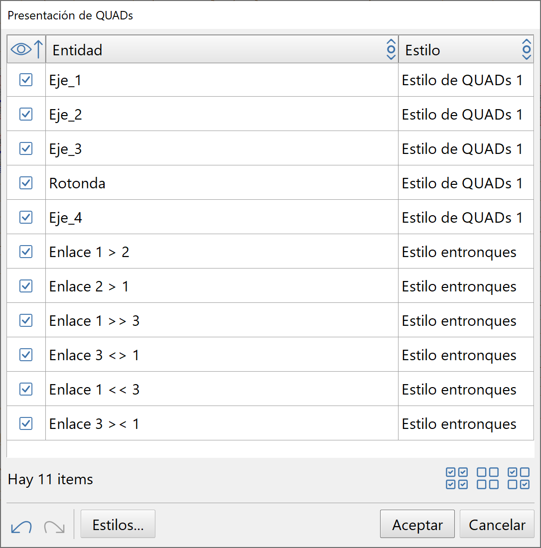 Vista 2D - Presentación de QUADs - Selección de ejes y estilos