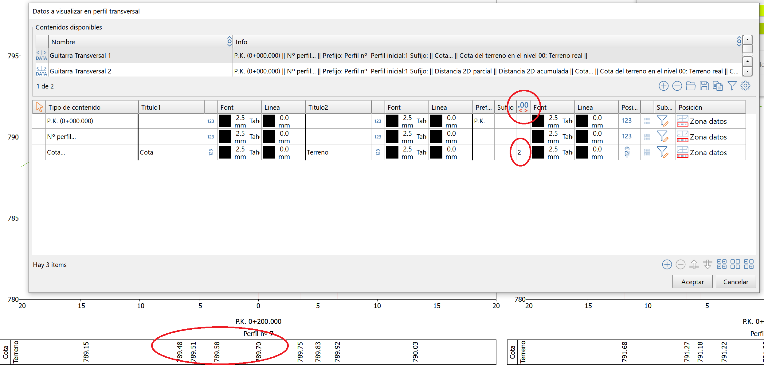 Vista - Perfiles transversales - Contenido, decimales