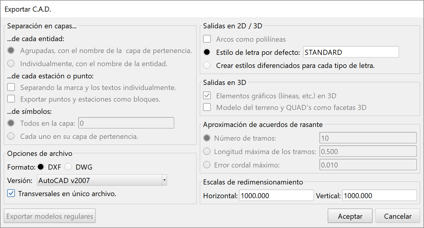 Archivo - Exportar - CAD, dialog con transversales en único archivo