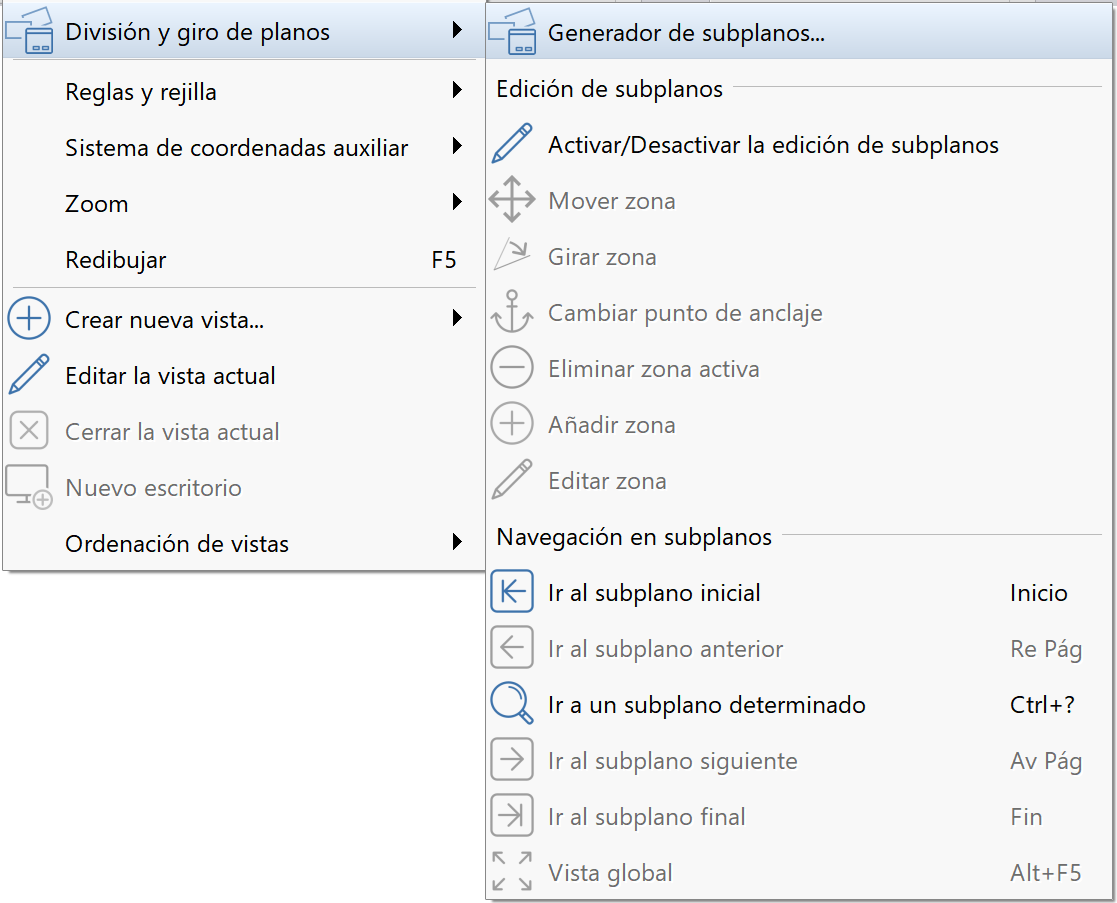 Vista 2D - División y giro de planos, menú