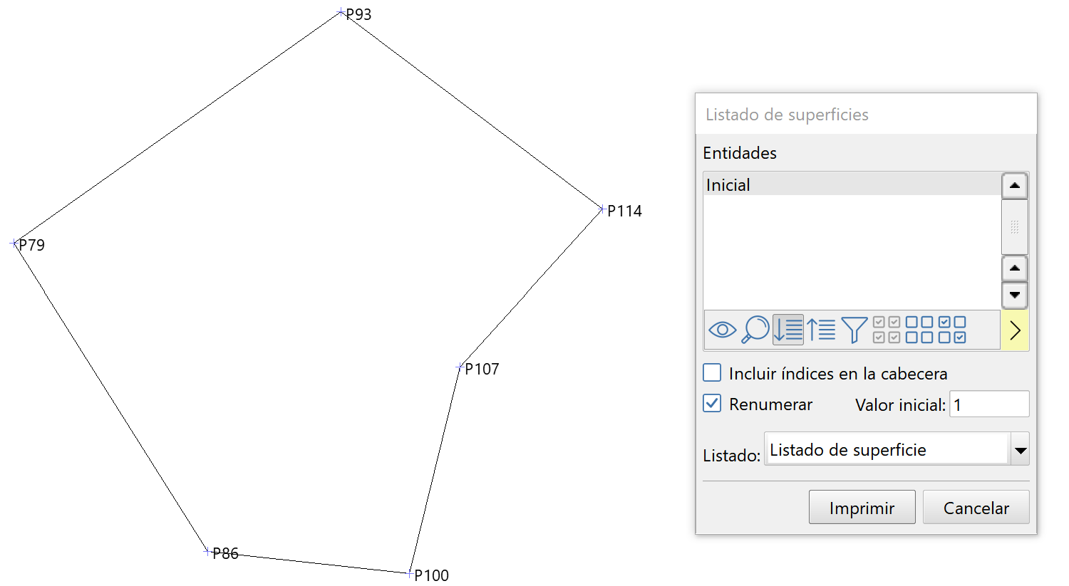 Listado de superficies - Renumerar puntos con un valor inicial, ejemplo inicial