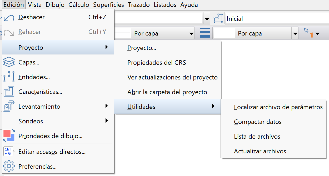 Edición - Proyecto, menú popup