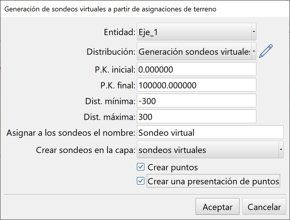 Modelo geotécnico - Generación de sondeos virtuales, dialog