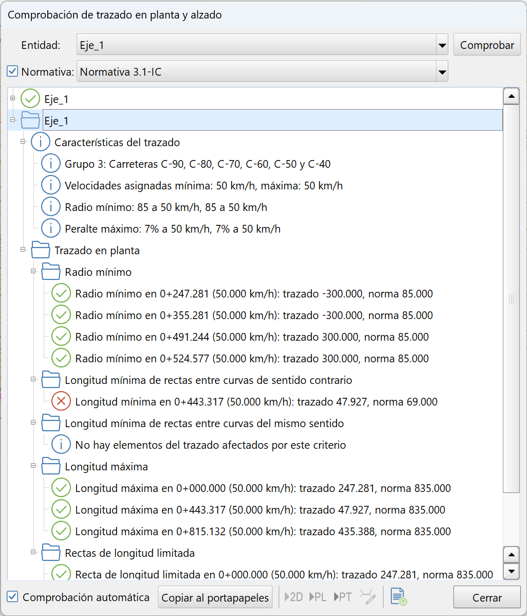 Trazado - Comprobación de normativa, dialog