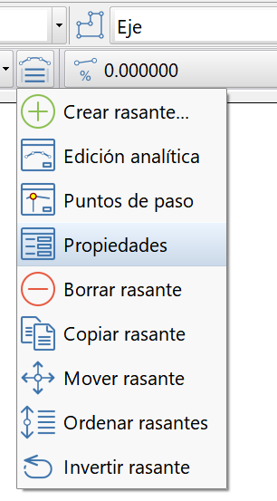 Vista - Perfil longitudinal - Barra de selección de rasante y tramo - Menú, propiedades